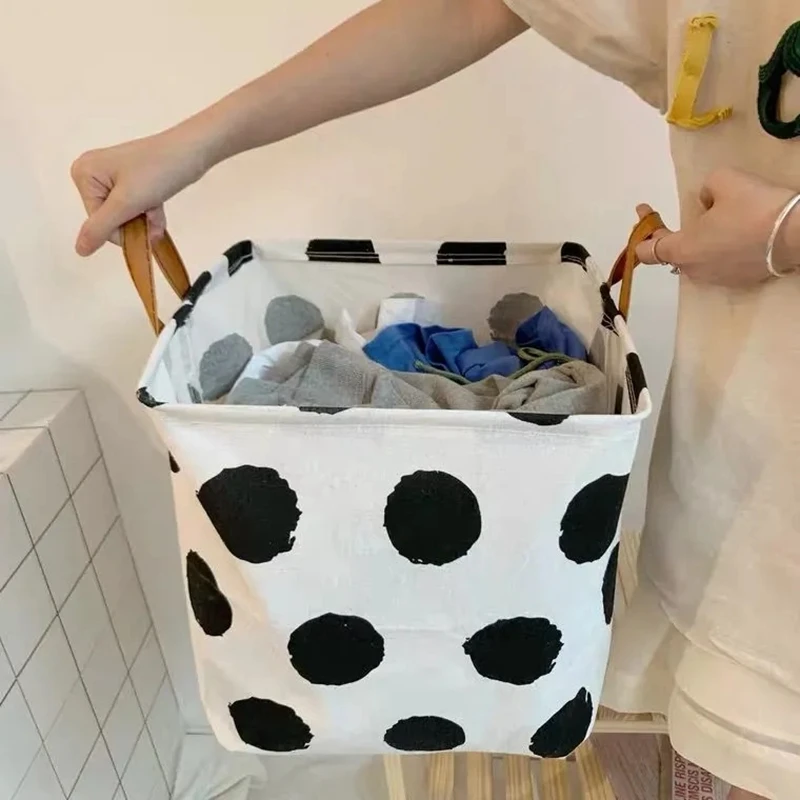 

Polka Dot Laundry Storage Basket Large Capacity Cotton Dirty Clothes Organizer Handles Laundri Hamper Foldable Home Organizers