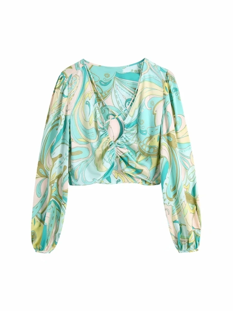 

Summer Women Digital Printing Hollow Pleated Short Blouse Female Nine Quarter Sleeve Shirt Casual Lady Loose Tops Blusas S9050