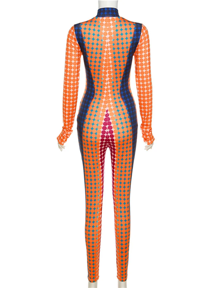 Ladies Tie Dye Print Club Wear Y2K Long Sleeve O-Neck Bodycon Skinny Zipper Jumpsuit Fall Clothes Women Sporty Streetwear Romper