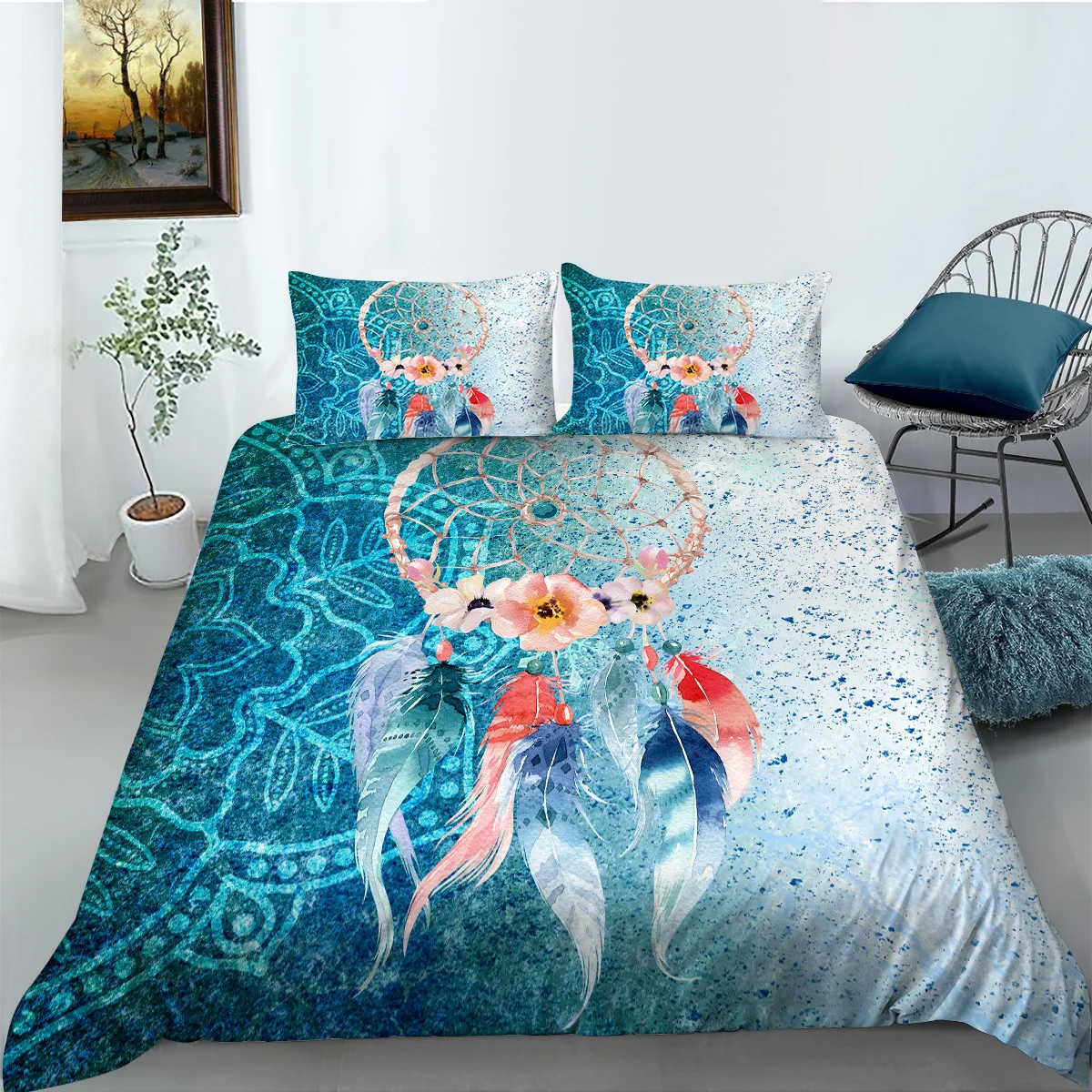 Colorful Dream Catcher Bedding Set King Queen Fish and Feather Dreamlike Duvet Cover Boho Polyester Quilt Cover for Girls Women