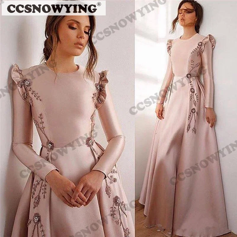 

Satin Appliques Muslim Evening Dresses Long Sleeve O Neck Islamic Hijab Formal Party Gown Women Arabic Dubai Robe De Soiree