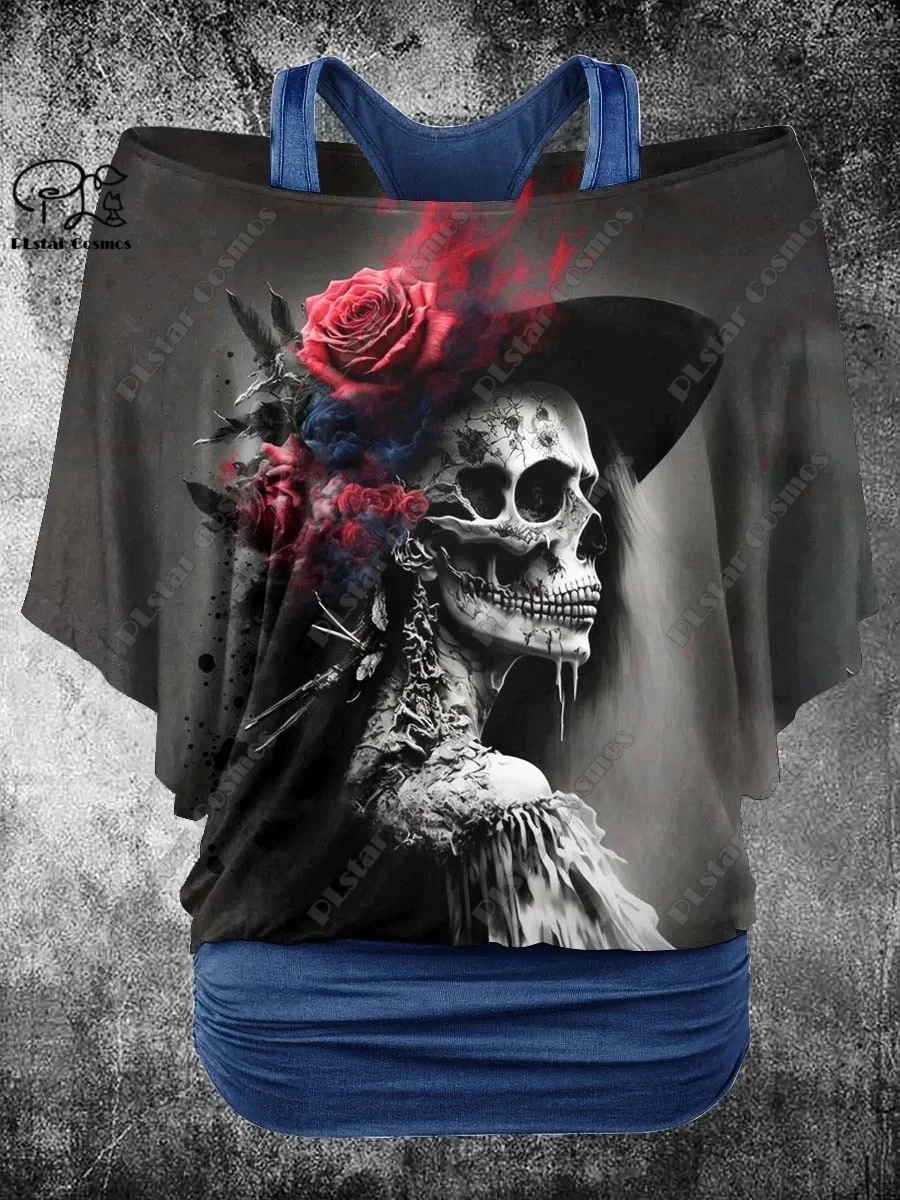 

PLstar Cosmos 3D Printed Fake Two-Piece Top Women's Retro Punk Skull Rose Casual T-Shirt Halloween Costume Collection 2