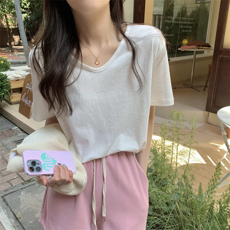

2022Color matching short suspenders summer new short-sleeved t-shirt women's short slim fit cotton all-match loose