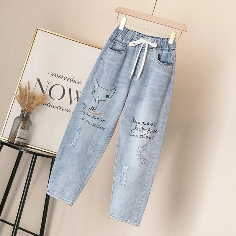 

Leisure Women Elastic Waist Jeans Girls Cowboy Pants School Students Denim Pants Loose Comfy Female Trousers 2022 New Jeans