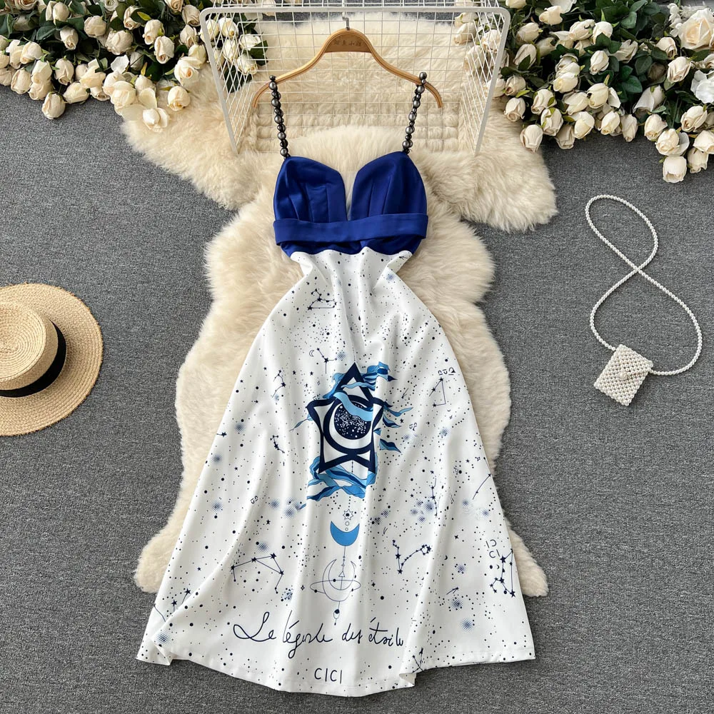 

Women New Fashion Summer V Neck Sleeveless Elegant Contrast Star Print High Waist Slim A-line Dress Sexy Clothes Vestidos G092