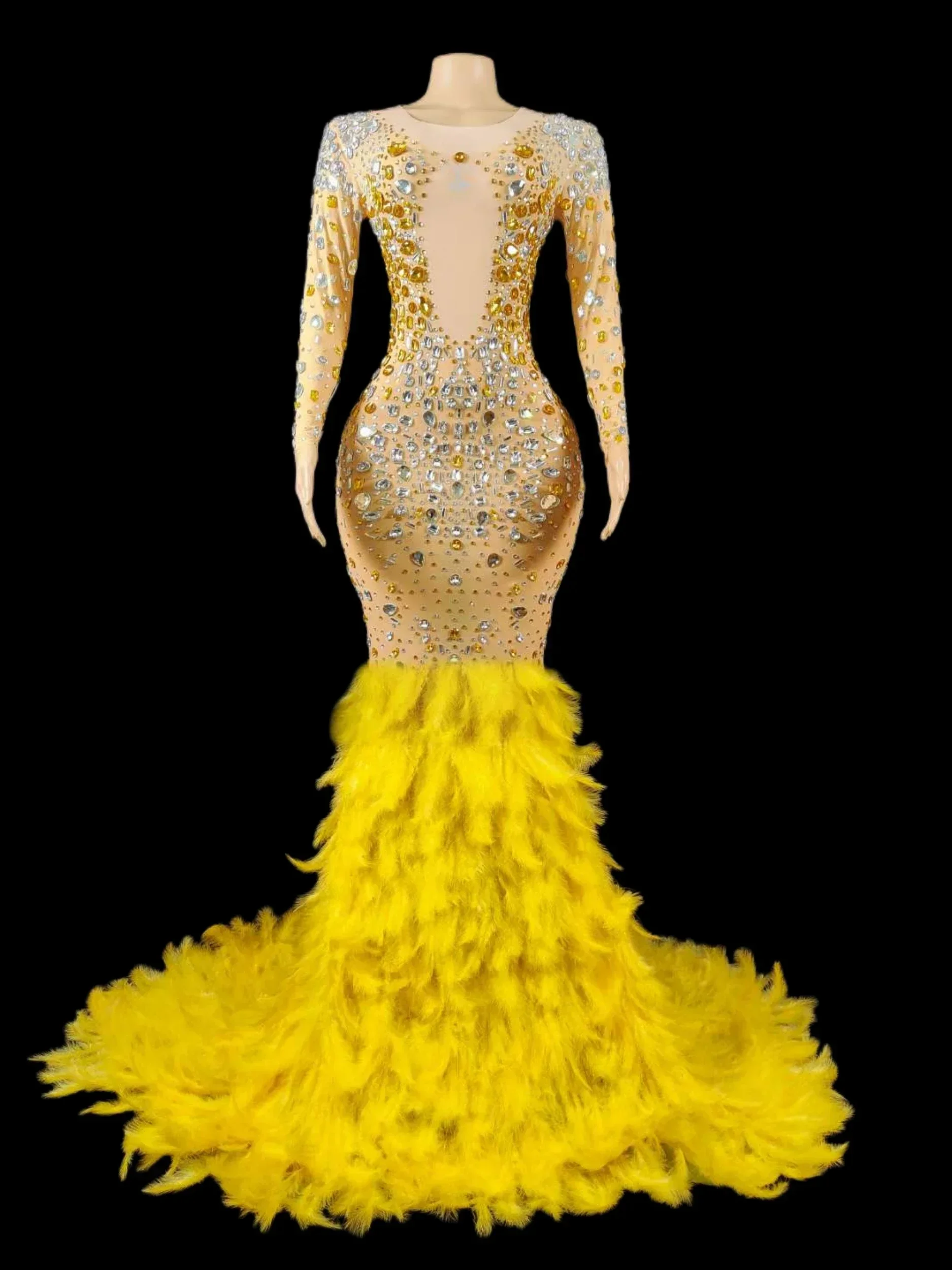 Золотое блестящее платье с перьями и кристаллами женский сценический костюм