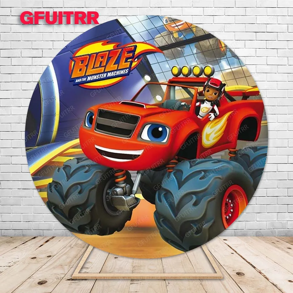 

GFUITRR Blaze and the Monster Machine Circle Photography Backdrop Boys Birthday Photo Background Red Round Photo Booth Props