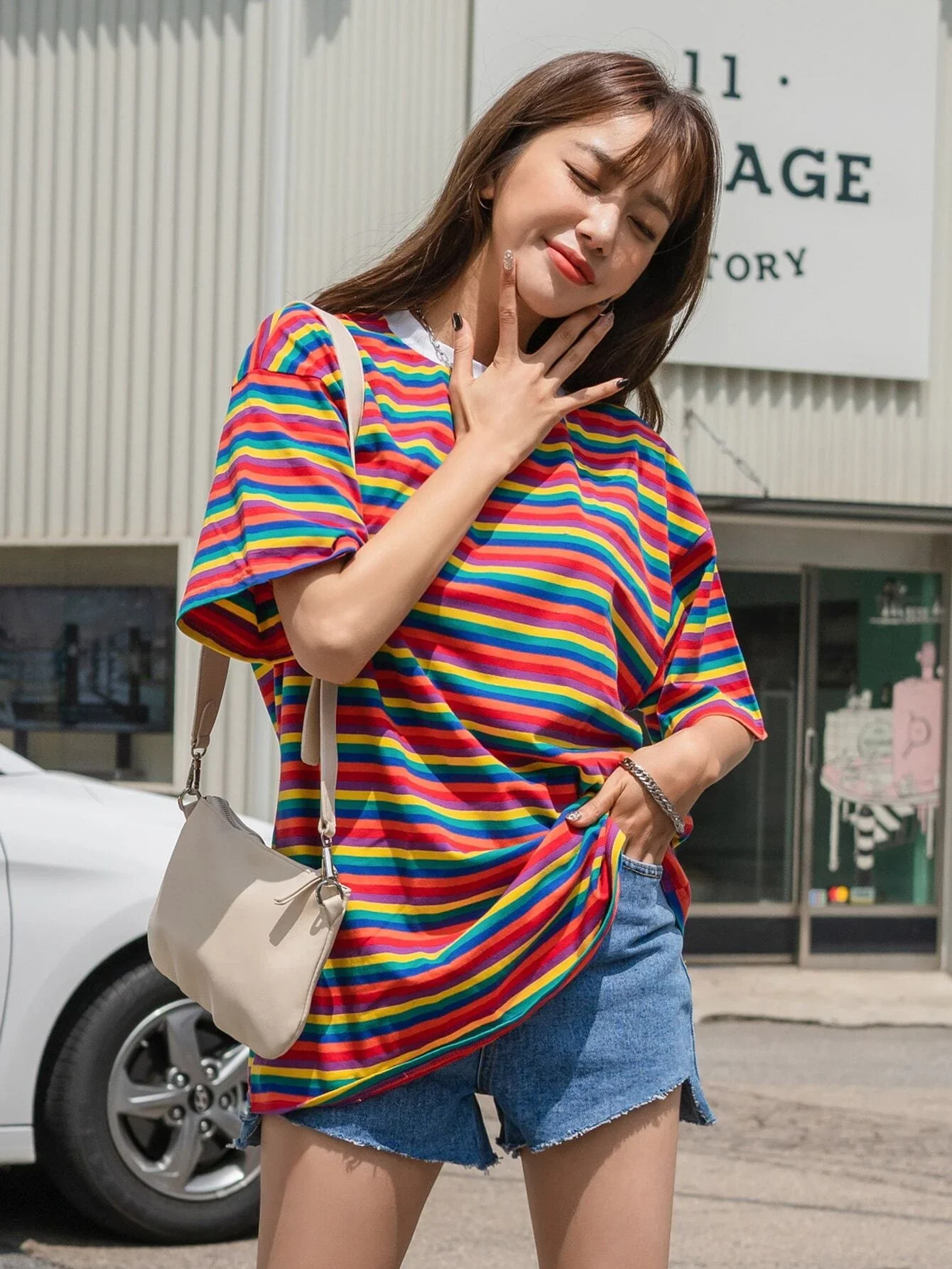 

Rainbow Stripe Drop Drop Shoulder Tee