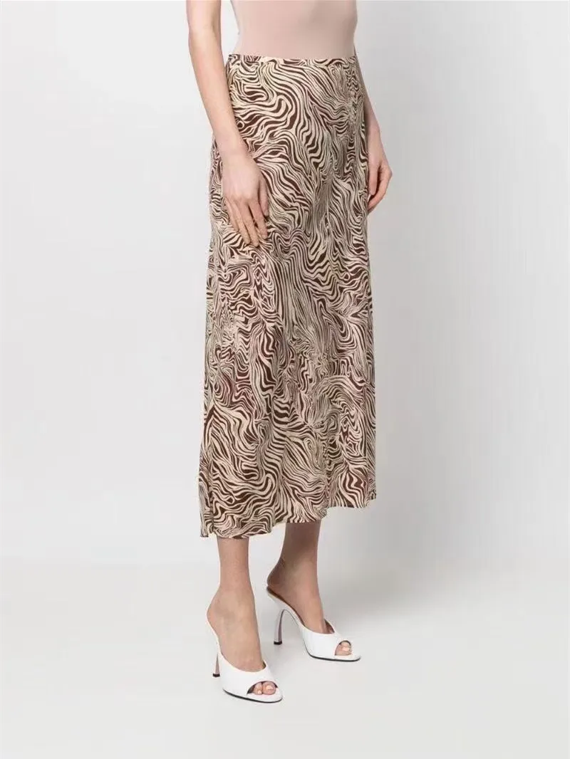 

100% Silk Abstract Print Women Vintage Skirt Summer 2022 High Waist fashion Ladies Zipper Midi Jupe