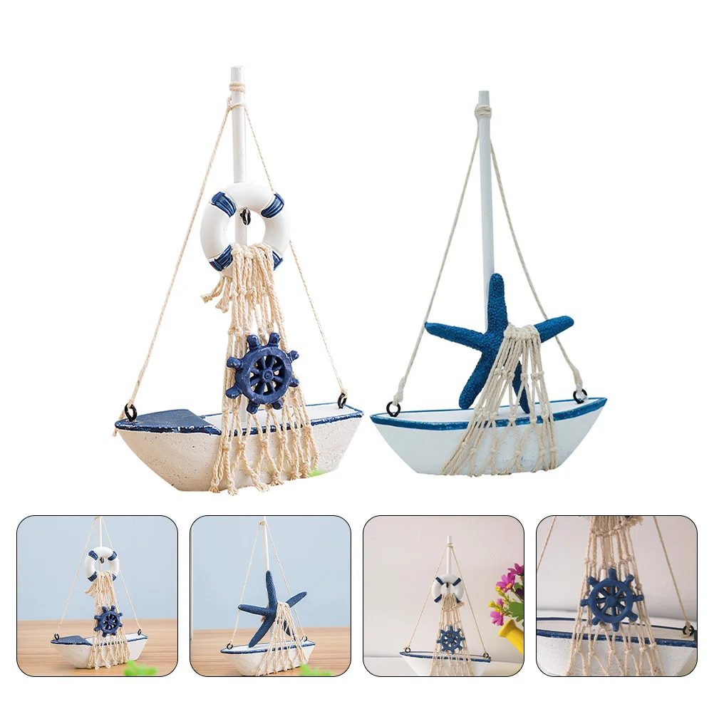 

2pcs Wood Sailboat Craft Sailing Ship Decorative Home Beach Decoration Sailboat