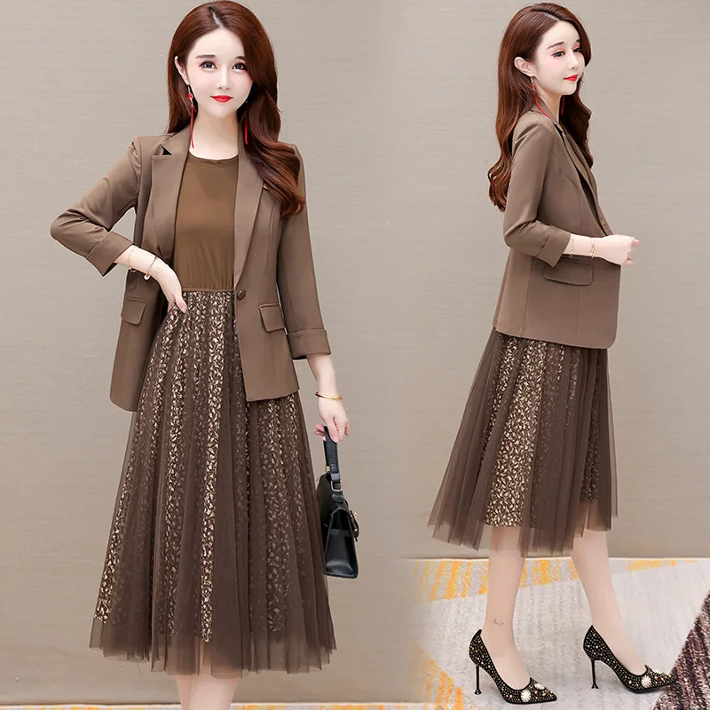 Spring Autumn Suit Jacket Dress Two Piece Women Elegant Mesh Skirt Blazers Coat Set Korean Fashion Professional Wear To Work
