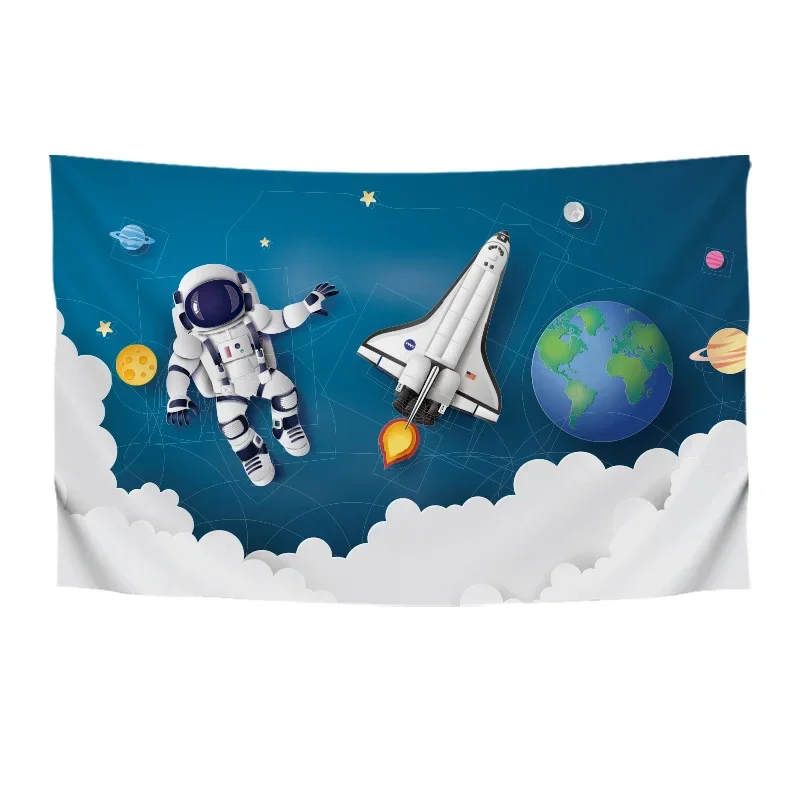 Гобелен с мультяшным космосом астронавтом для детской комнаты синий фон