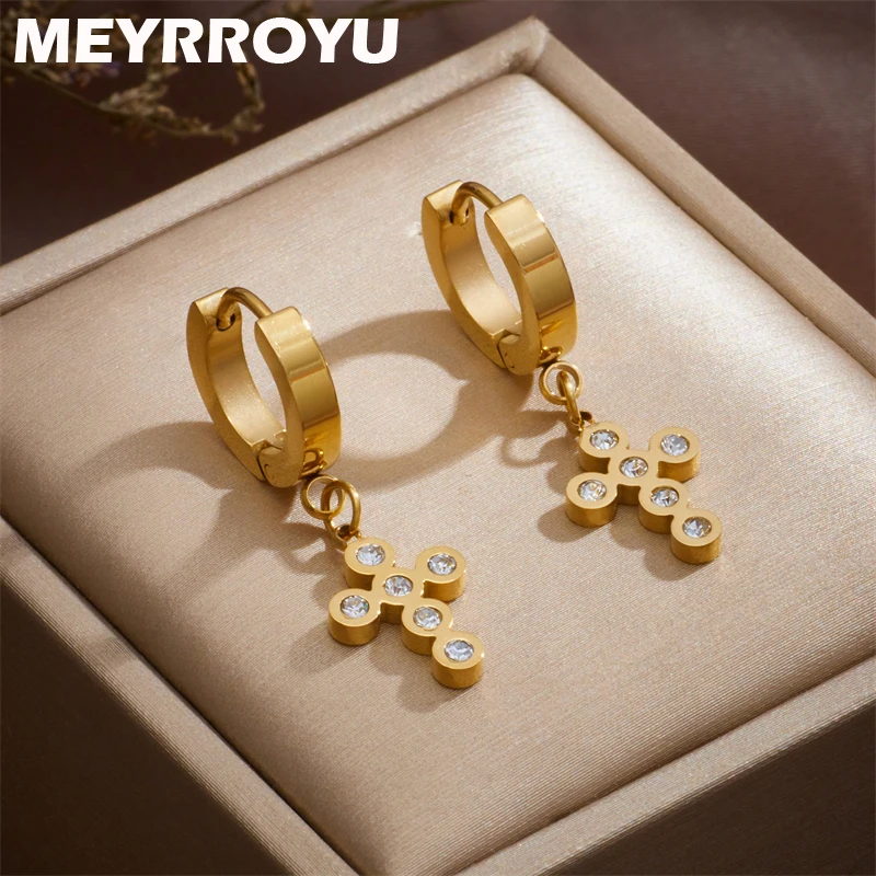 

MEYRROYU 316L Stainless Steel Sector Gold Color Geometry Cross Zircon Hoop Earrings for Women Statement Jewelry Aretes De Mujer