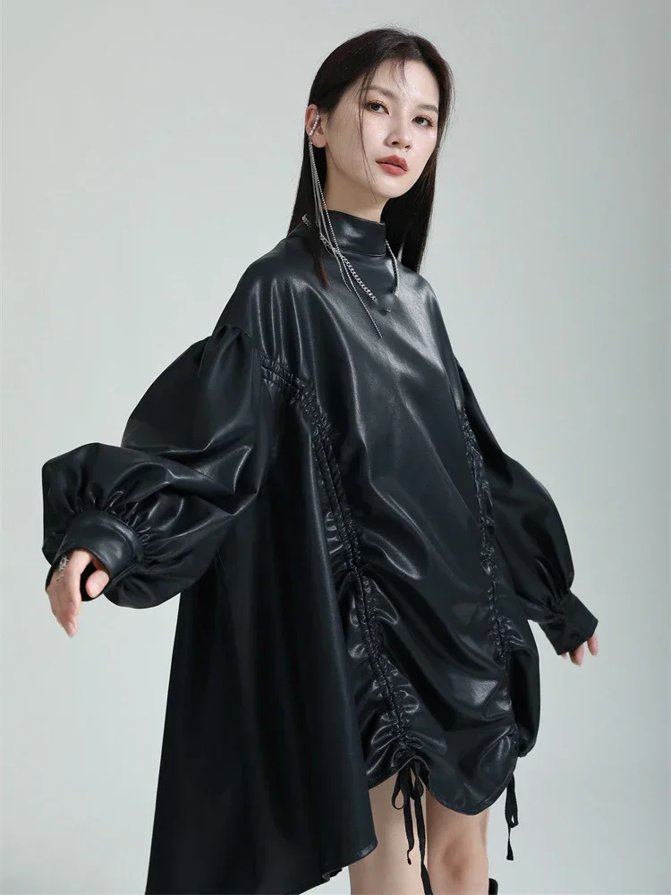 

XITAO Mini Irregular PU Dress Fashion Draw String Stand Collar Lantern Sleeve Women 2023 Autumn New Personality Pu Dress LYD1212
