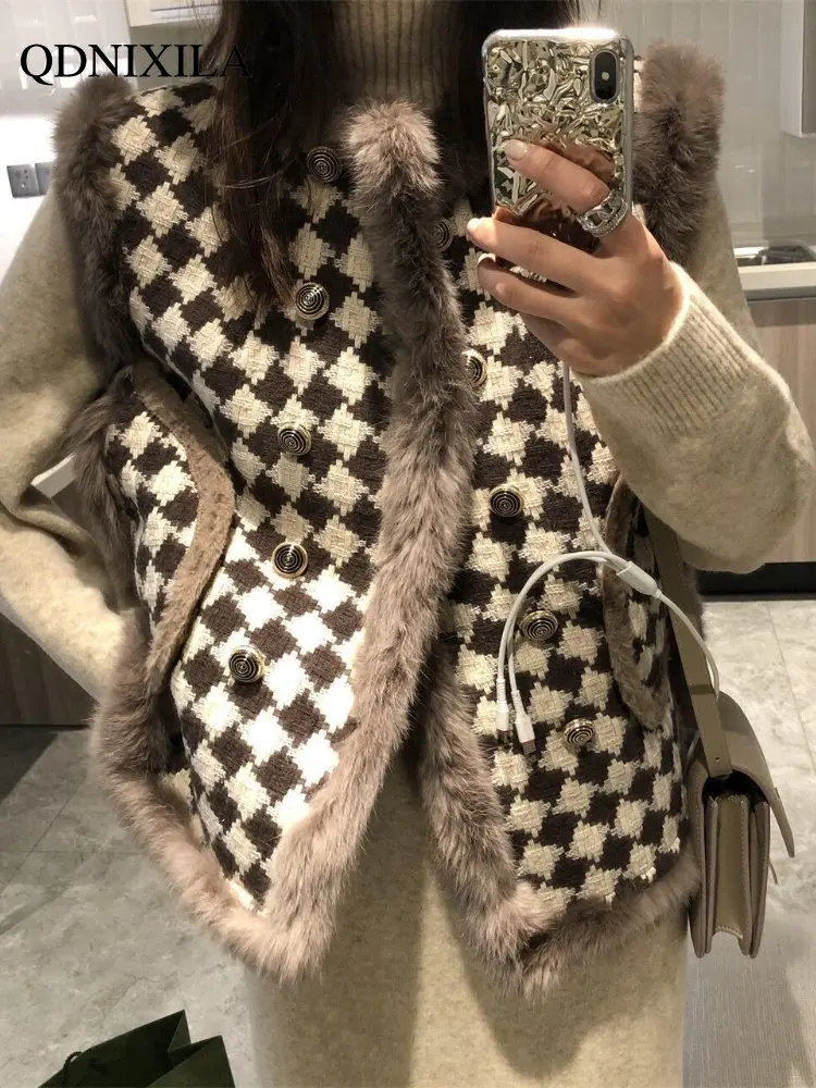 Women's Vest Jackets Faux Fur Coat Thousand Bird Checkered Fur Collar Vest Velvet Fur Waistcoat Sleeveless Vests for Women