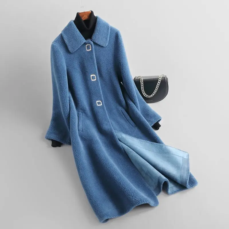 Winter Loose Mid Long Sheep Shearing Jackets Female Clothing New Solid Real Fur Coat Women Wool Outwears Parkas Ladies Tops Red