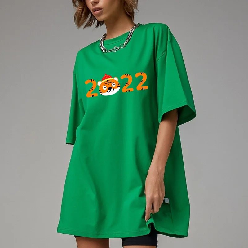

2022 Number Tiger Print Women T-shirt Cotton Oversized Half Sleeve Couple T-shirts Summer 2022 New Casual Female Mini Dress Tee