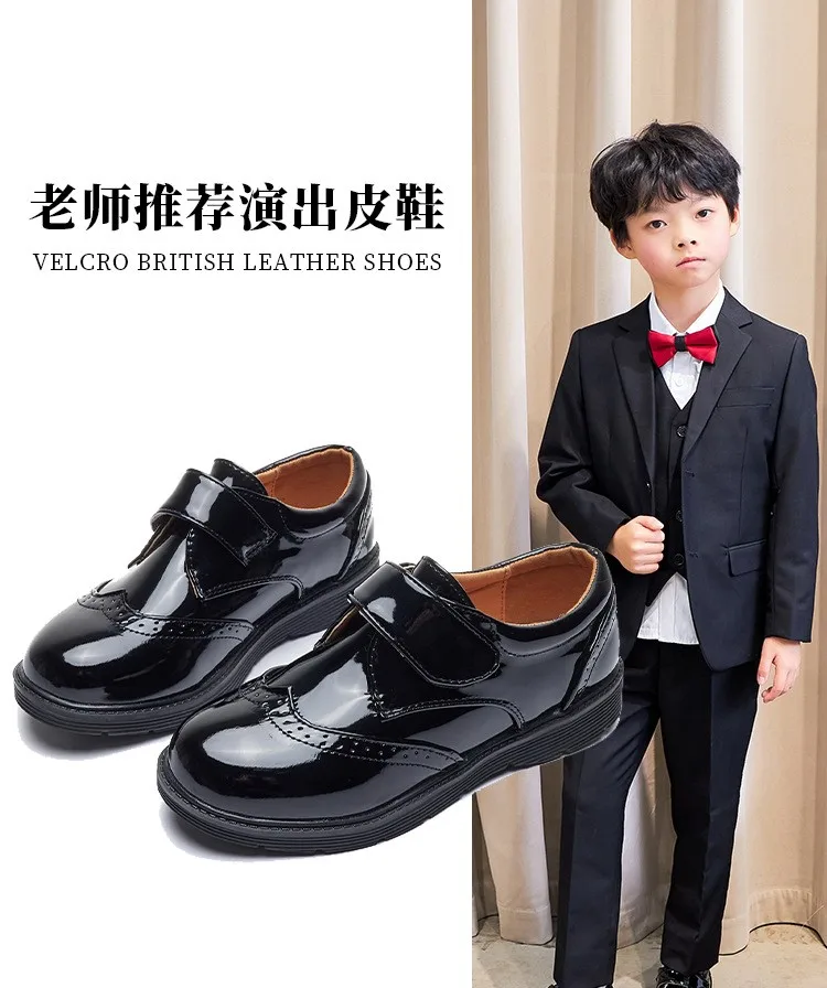 

Boys 2022 New Black Leather Shoes British Style Suit Soft-soled Velcro Performance Shoes