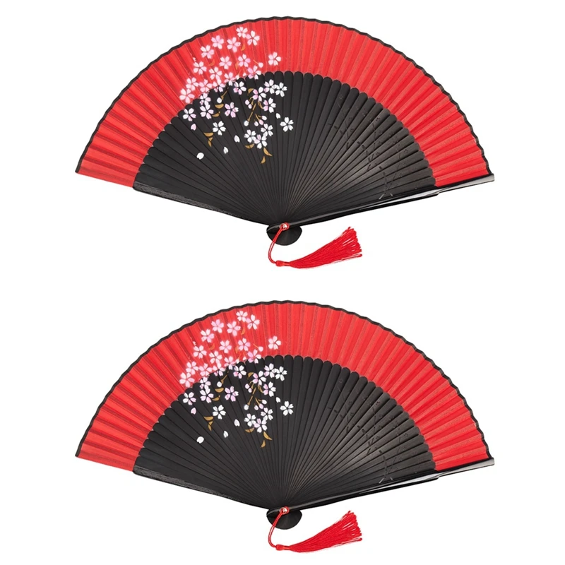 

Promotion! 2X Handheld Fan Sakura Printing Folded Fans Spun Silk Bamboo Hand Held Props For Dancing Cosplay Home Office