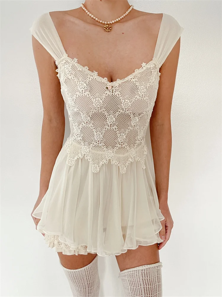 

Женское Прозрачное платье CHRONSTYLE с цветочным кружевом и сеткой, короткое платье без рукавов с V-образным вырезом и высокой талией, 2023