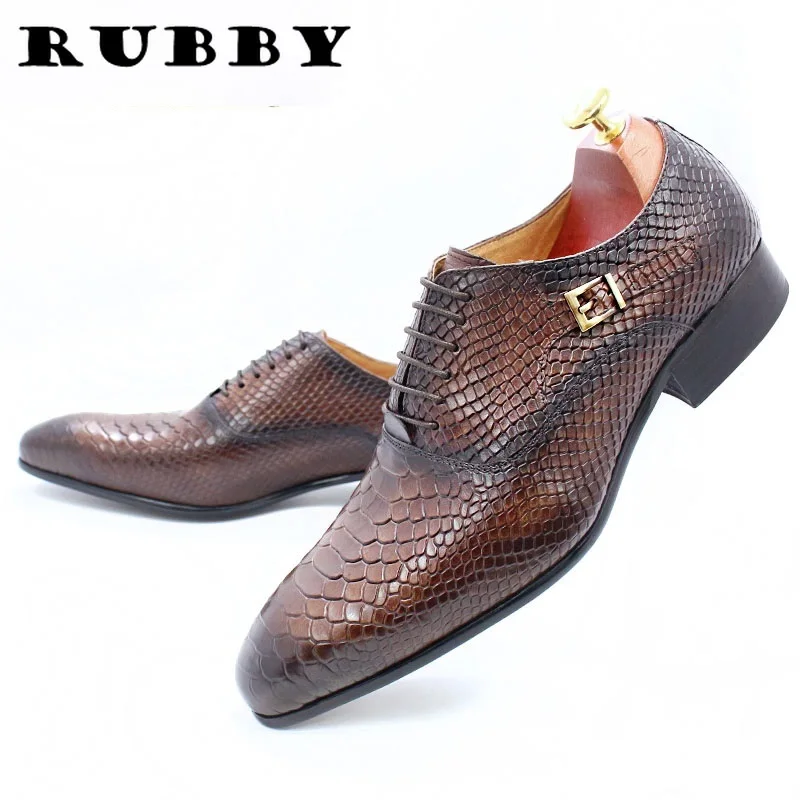 

Fashion Men Dress Leather Shoes Snake Skin Prints Classic Style Wine Blue Coffee Black Lace Up Pointed Men Oxford Formal RB010