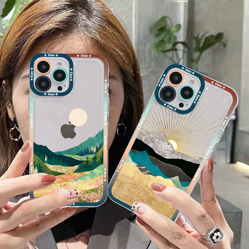 

Mountain Moon Sun Forest Tree Phone Case For iPhone 14 13 12 11 Pro Max Mini X Xs XR 6 7 8 Plus SE 2020 Transparent Case