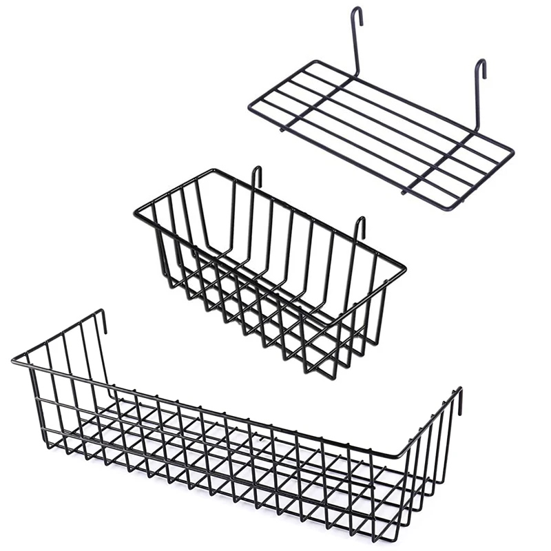 

3 Pieces Hanging Basket Straight Shelf Flower Pot Display Holder for Wire Wall Grid Panel Bread Basket Iron Rack