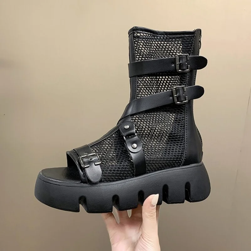 2022 Women Thick Platform Cool Boots Sandals Mesh Hollow Motorcycle Shoes Summer New Brand Sandals Ladies Shoes Punk Ankle Boots