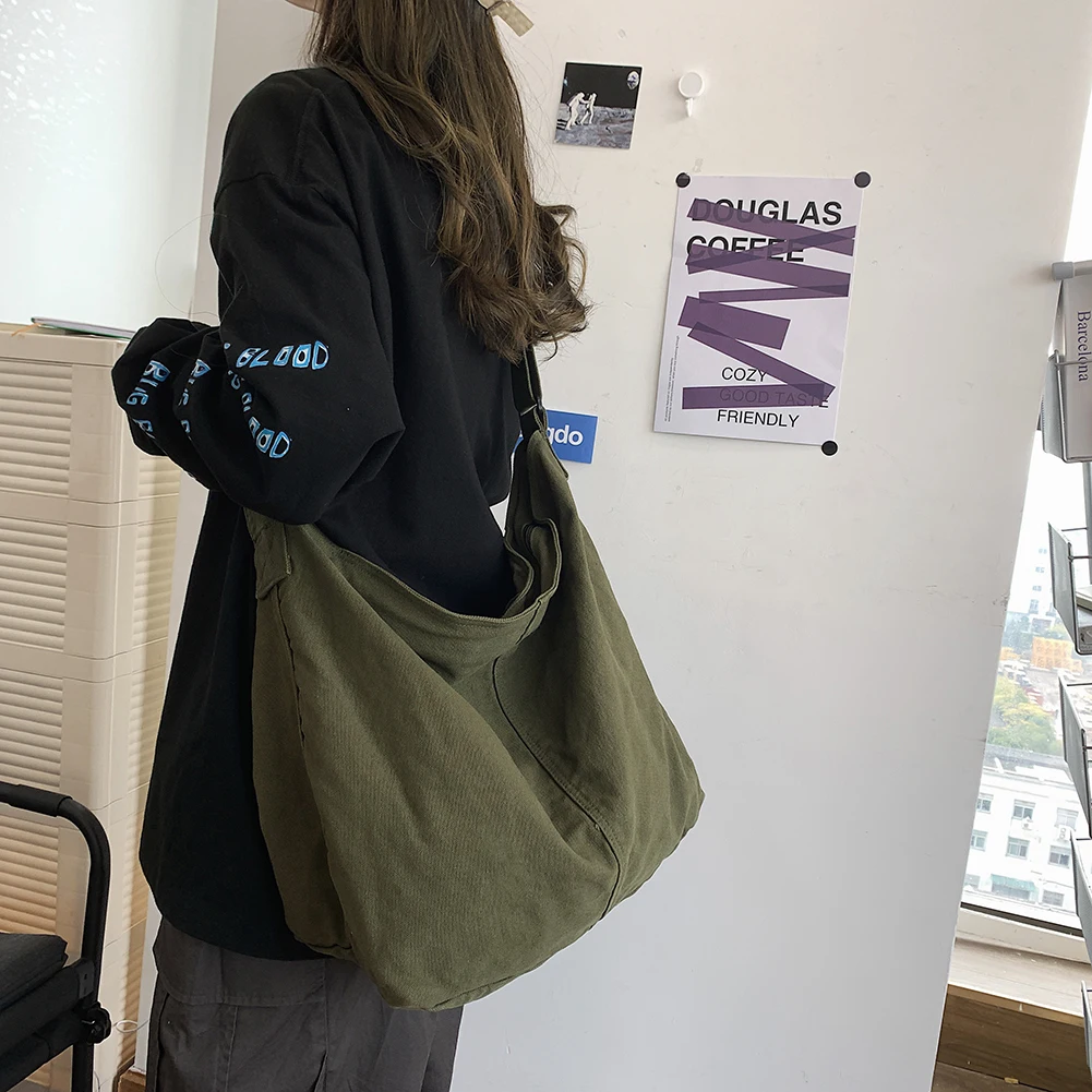 

Women Canvas Shoulder Bags Large Capacity Thick Cotton Cloth Books Handbag Tote y2k Solid Crossbody Bag Travel Purse For Ladies