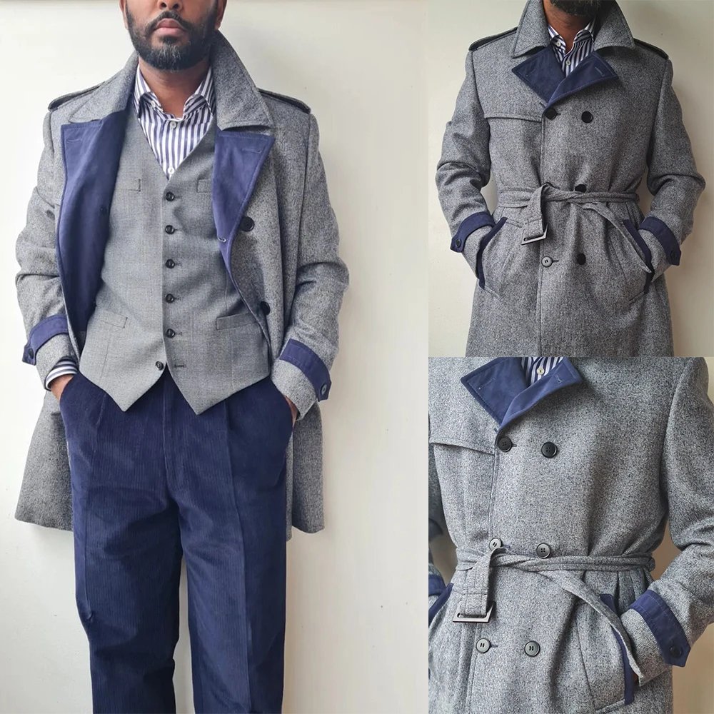 

Мужское длинное пальто, классическое серое двубортное шерстяное Смешанное свадебное деловое повседневное теплое пальто, мужской костюм