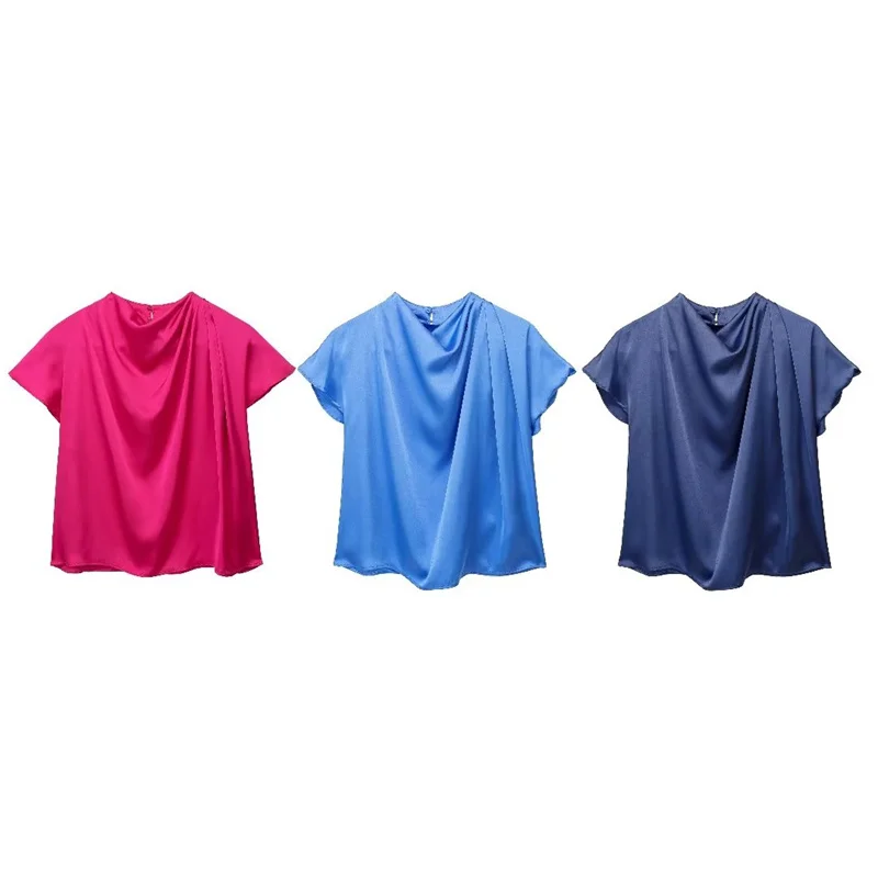 

Woman Elegant Rose Red Mock Neck Satin Short Sleeve Blouse 2023 Summer Female Chic Soft Solid Pleated Tops High Street Blouses