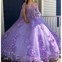 shinny lilac vestido de 15 a%c3%b1os princess xv quinceanera dresses with cape 3d flowers applique beadig sweet 16 prom gowns