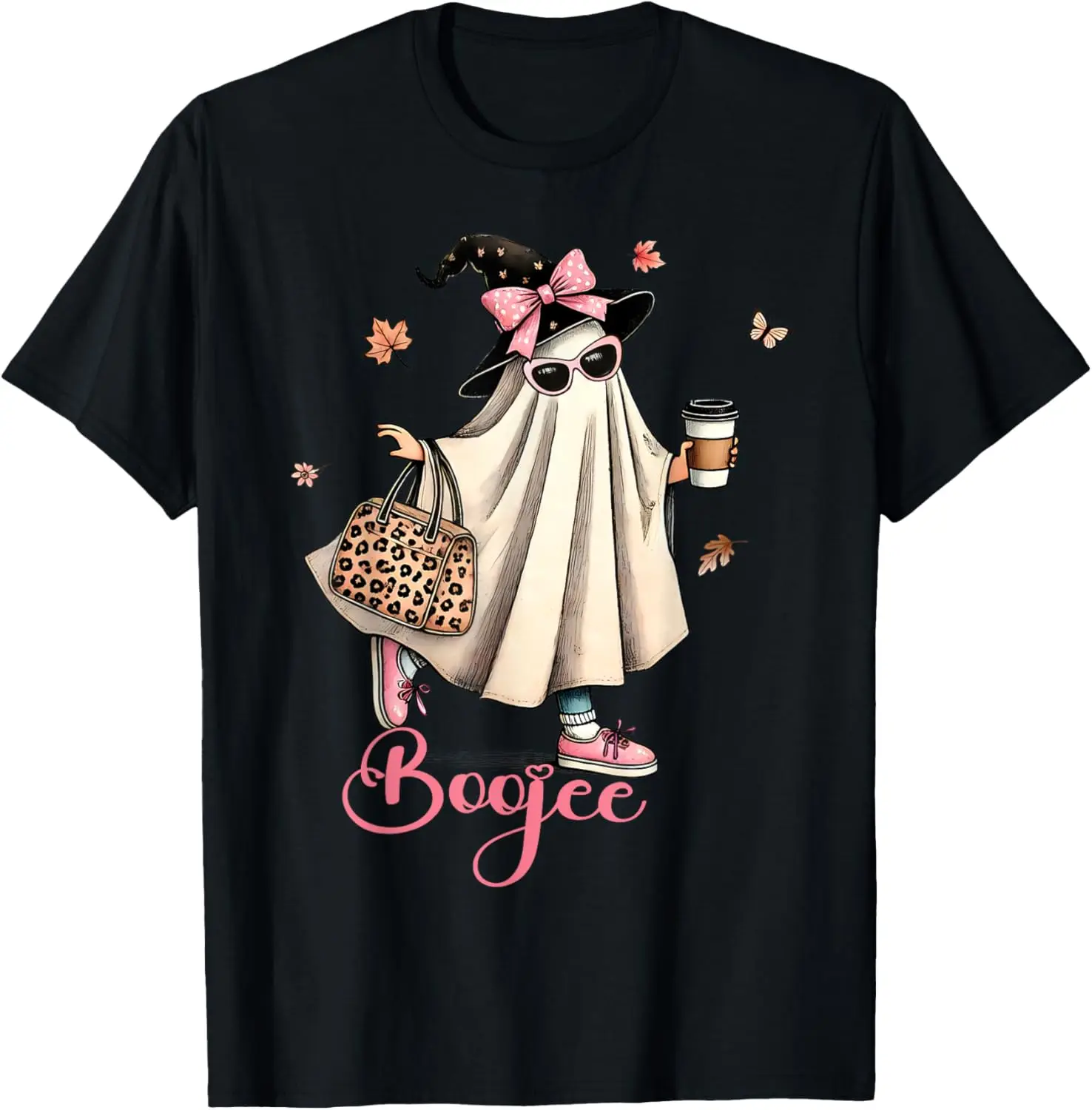 Boo Jee Ghost Drinking Coffee Coquette Bow Женская футболка на Хэллоуин