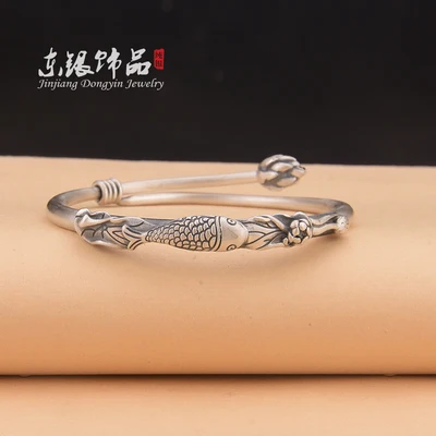 Pure silver 999 silver ornaments retro style lotus leaf carp bracelet all-match fashion trend girls style free shipping