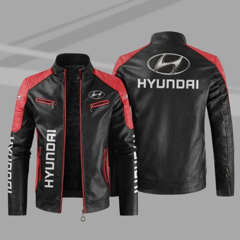 HYUNDAI Car Logo Fleece Fur Leather Jacket Men Winter Fashion Zipper Straight Hem Formal Casual Coats Bomber Leather Jacket