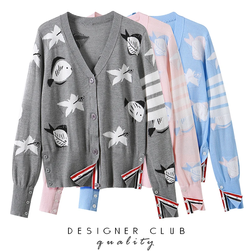 

tb ice silk knitted sweater short top women's summer thin butterfly fish jacquard casual all-match sweater coat