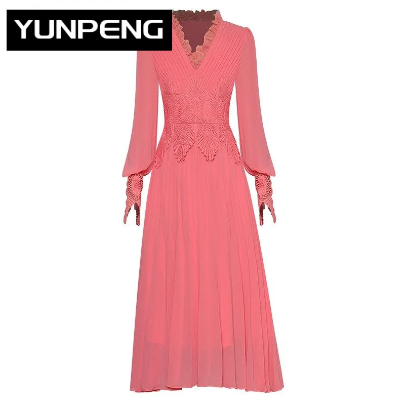 

Dresses For Women 2023 Runway Luxury Designer High Quality Spring V-neck Lantern sleeve Draped Lace Patchwork Pleated Pink Dress