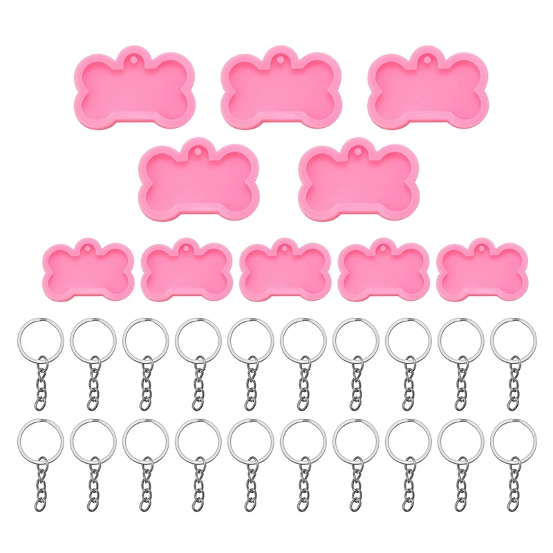 Dog Bone Resin Silicone Molds, 10Pcs DIY Cute Dog Tag Epoxy Resin Mold With 20 Pcs Keychains For DIY Crafts Making