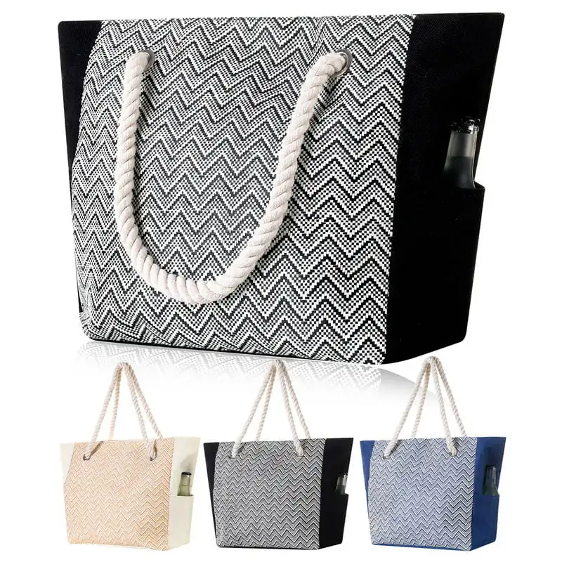 

Capacity Beach Bags for Women Durable Waterproof Canvas Beach Tote Shoulder Bags Vintage Striped Woven Handbag With Zipper Inner