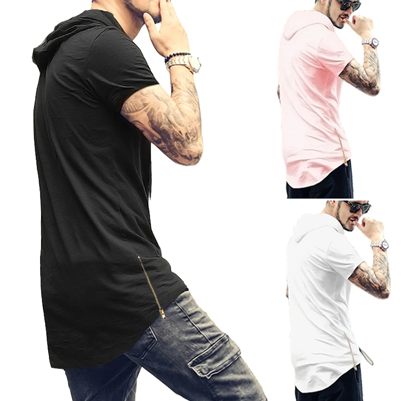 

Мужская хипстерская рубашка с капюшоном, удлиненная футболка в стиле хип-хоп, уличная одежда с боковой молнией, футболка с коротким рукавом, одежда с капюшоном, топы