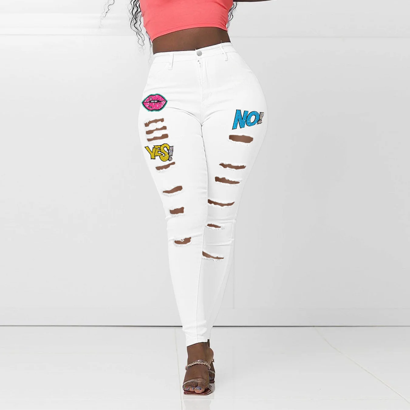 

2022 Jeans Women denim hole fashion personalized print tight little foot women's jeans jeans vintage