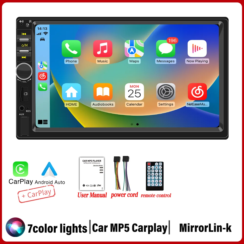 

Автомагнитола BQCC 7' Double Din MP5 На Android 10 С Carplay, Mirrorlink, 7-цветной LED-подсветкой, AUX, BT, TF, USB