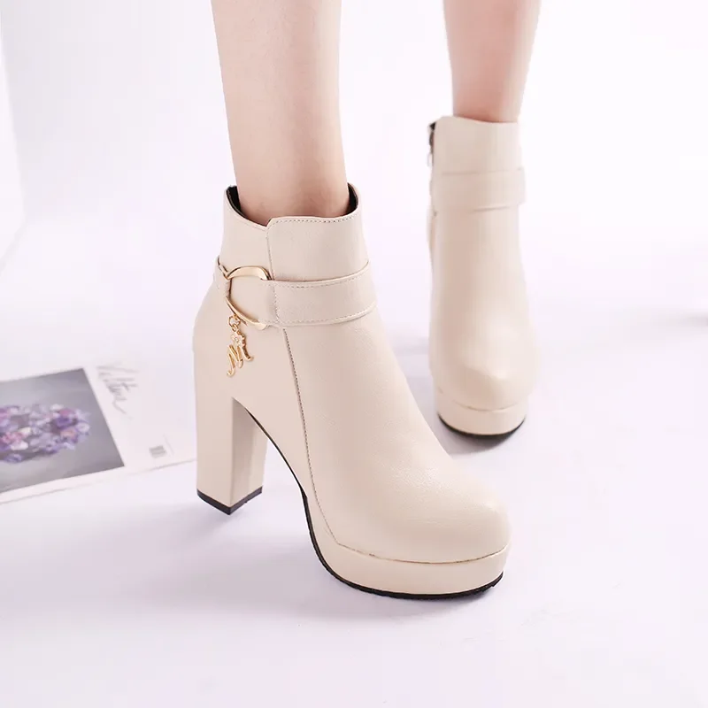 

2023 Autumn Hot Sale Shoes for Women Zipper Women's Boots Round Toe Solid High Heels Water Proof Fashion Short Boots Zapatos