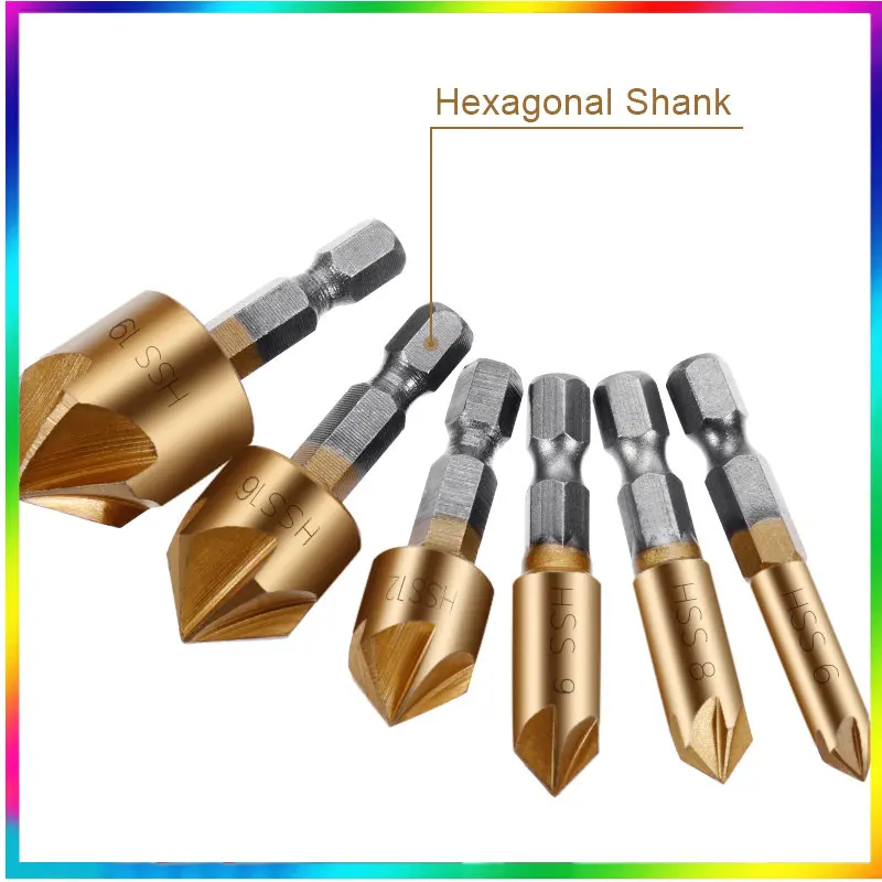 

6PCS Counter Sink Drill Bit Set 1/4'' Hex Shank HSS 5 Flute Countersink 90 Degree Wood Chamfering Cutter Chamfer 6mm-19mm