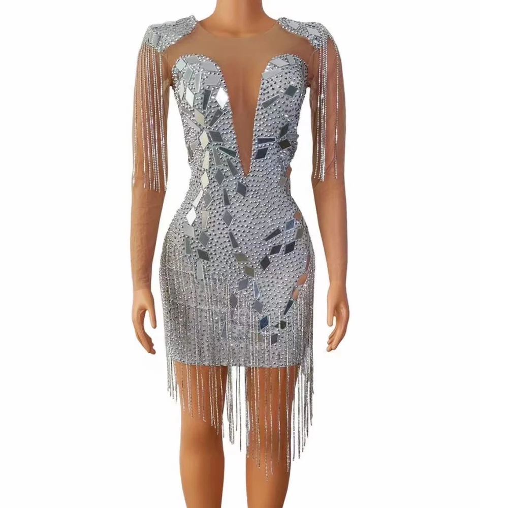 

Nude Shining Silver Rhinestones Mirror Sequins Tassel Sexy Dress For Women Party Club Clothing Stage Singer Prom Costume