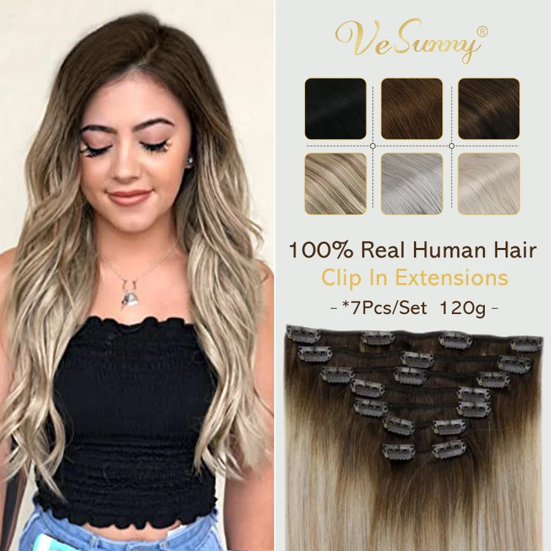 VeSunny Clip In Hair Extensions Human Hair Thickened Double Weft Brazilian Hair 120g/7pcs Remy Hair Full Head Silky Straight