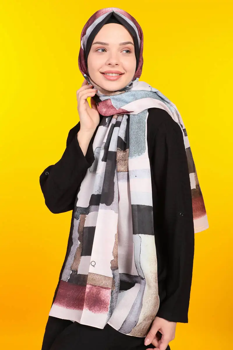 

ShantuQ Stripe Pattern Color Soft Twill Pashmina Burgundy/Gray