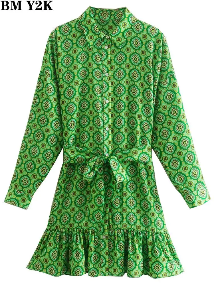 

BM Y2K dresses for women 2021 fashion with belt geometric print mini shirt dress vintage long sleeve ruffled vestidos mujer