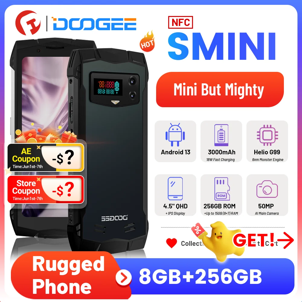 Смартфон DOOGEE S mini защищенный, 4,5 дюйма, qHD + IPS, 50 МП, 3000 мАч,  Android 13, Helio G99, 8 + 256 ГБ, две Sim-карты