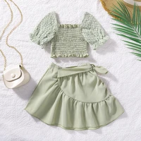 0 6y sweet kids girl clothing green solid puff short sleeve square collar crop topbow belt a line skirt summer 2pcs set